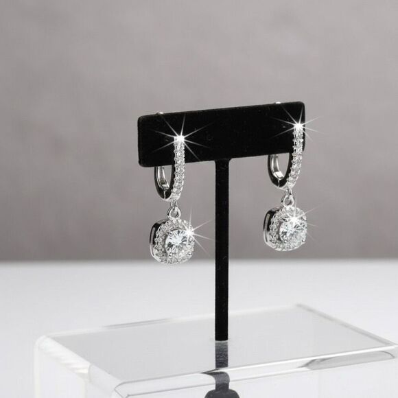 Elegant Sparkling Dangle 925 Sterling Silver CZ Dangle Earrings 2 CTW New